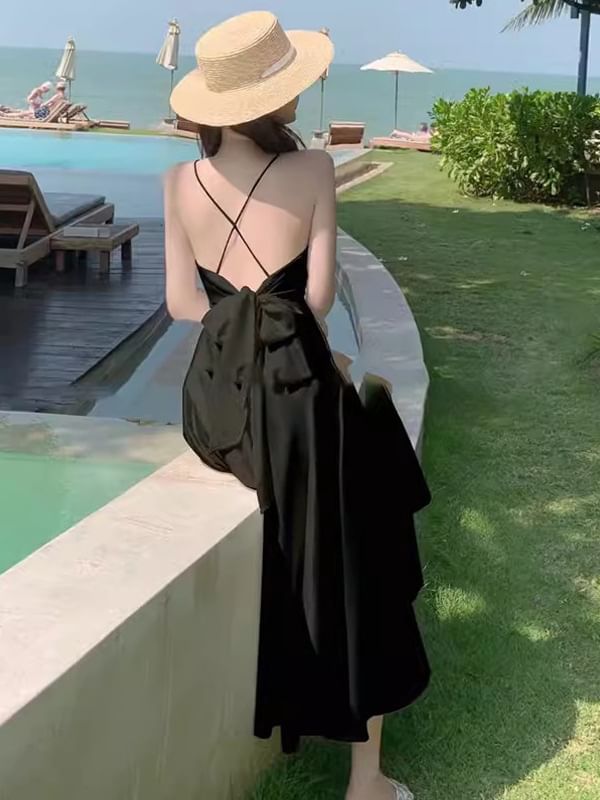 Spaghetti Strap V-Neck Plain Maxi A-Line Dress