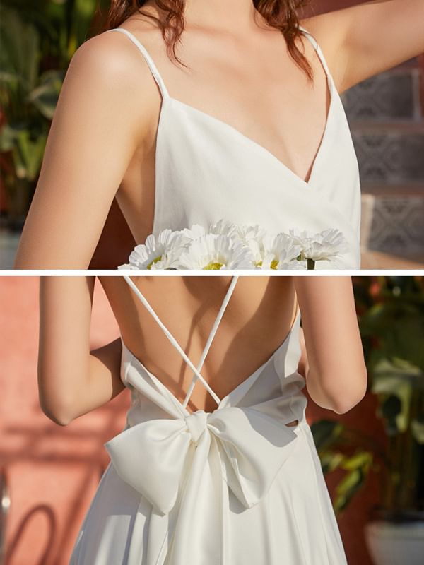 Spaghetti Strap V-Neck Plain Maxi A-Line Dress