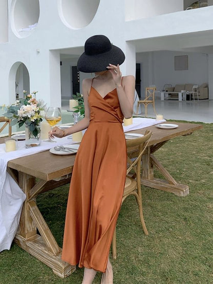 Spaghetti Strap V-Neck Plain Maxi A-Line Dress