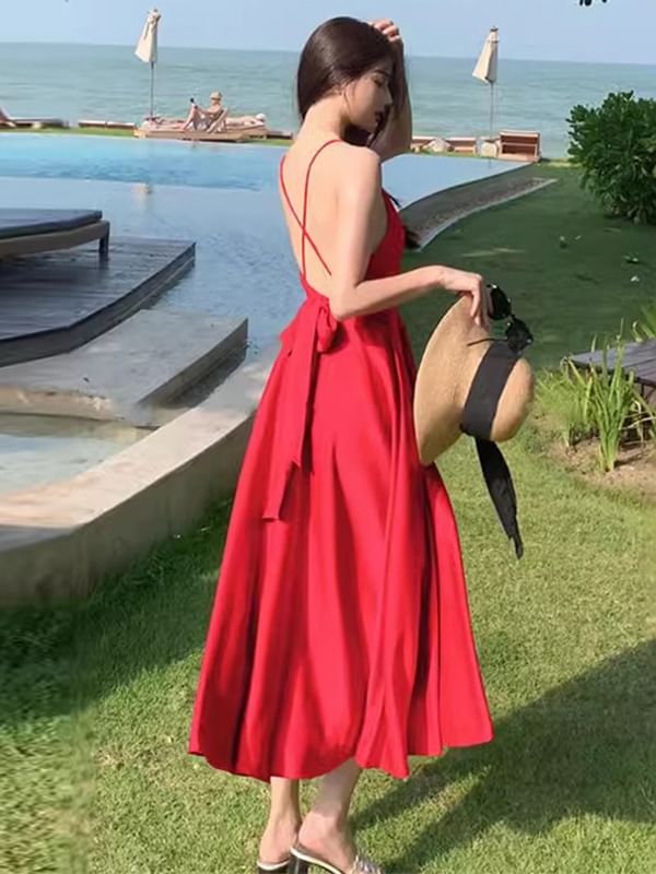 Spaghetti Strap V-Neck Plain Maxi A-Line Dress