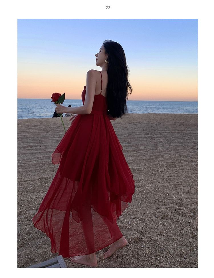 Spaghetti Strap Asymmetrical Sheer A-Line Dress