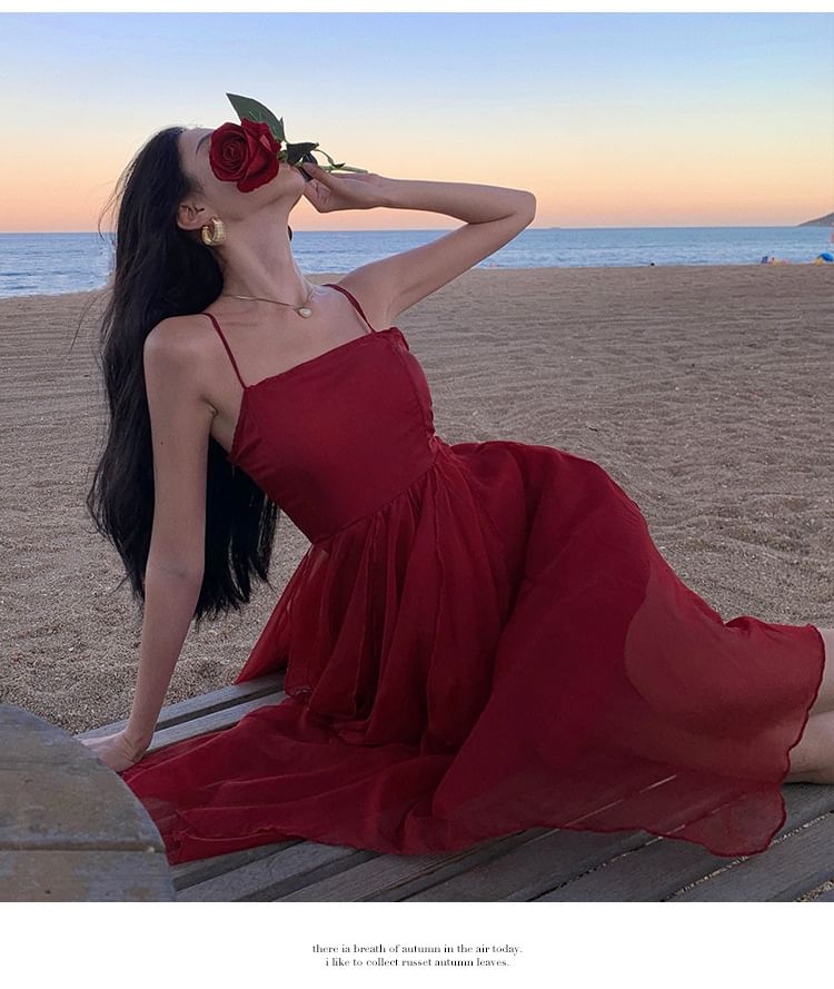 Spaghetti Strap Asymmetrical Sheer A-Line Dress