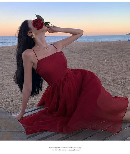 Spaghetti Strap Asymmetrical Sheer A-Line Dress