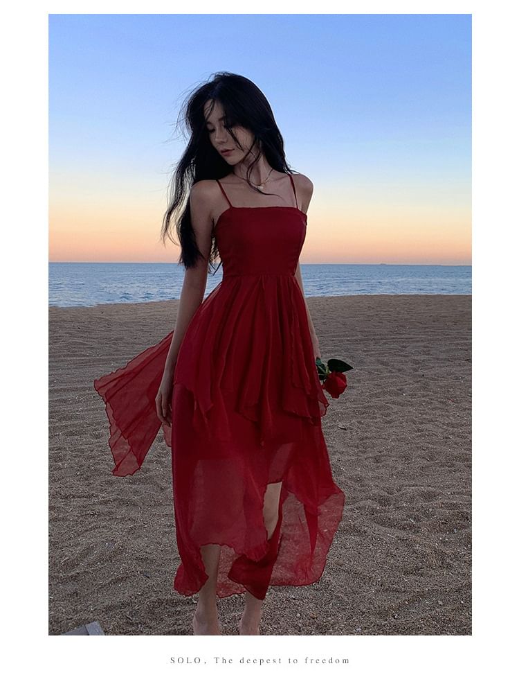 Spaghetti Strap Asymmetrical Sheer A-Line Dress