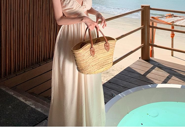 Spaghetti Strap V-Neck Cutout Plain Maxi A-Line Dress