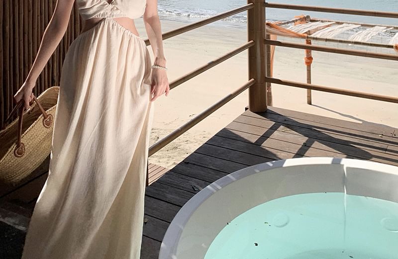 Spaghetti Strap V-Neck Cutout Plain Maxi A-Line Dress