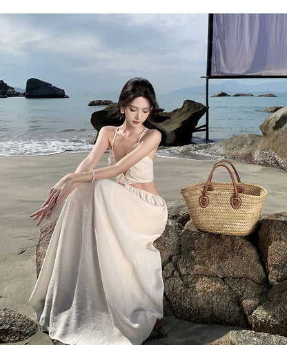 Spaghetti Strap V-Neck Cutout Plain Maxi A-Line Dress