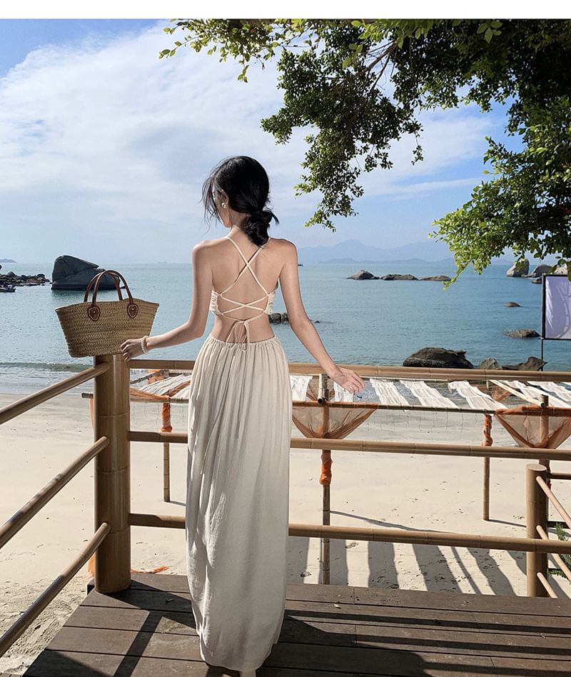 Spaghetti Strap V-Neck Cutout Plain Maxi A-Line Dress