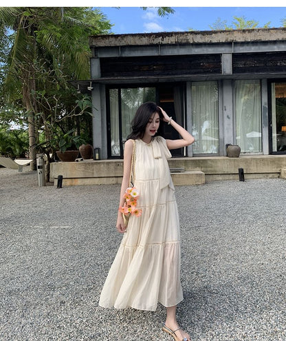 Sleeveless Crewneck Plain Midi A-Line Dress