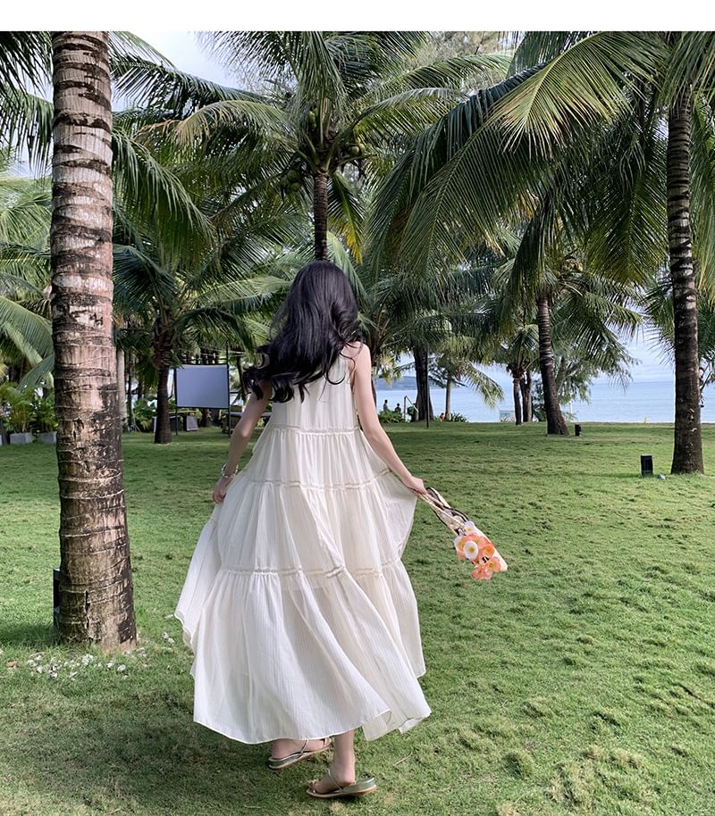 Sleeveless Crewneck Plain Midi A-Line Dress