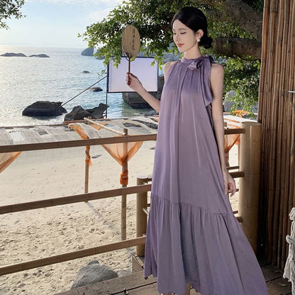 Sleeveless Crewneck Plain Maxi A-Line Dress