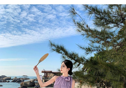 Sleeveless Crewneck Plain Maxi A-Line Dress