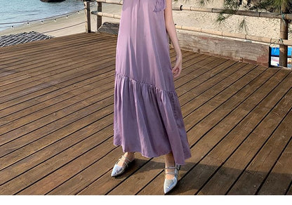 Sleeveless Crewneck Plain Maxi A-Line Dress