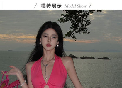 Halter Neck Cutout Plain Midi Bodycon Dress