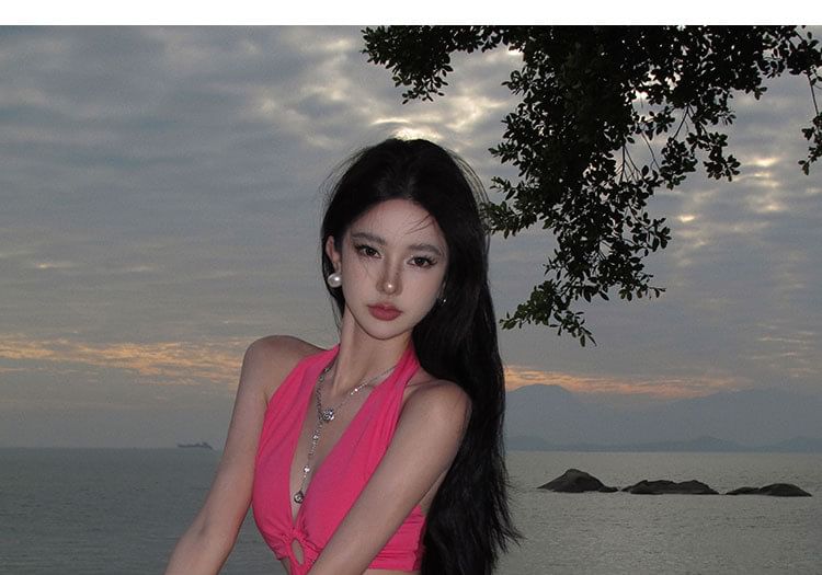 Halter Neck Cutout Plain Midi Bodycon Dress