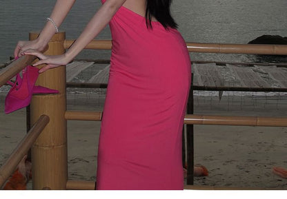 Halter Neck Cutout Plain Midi Bodycon Dress