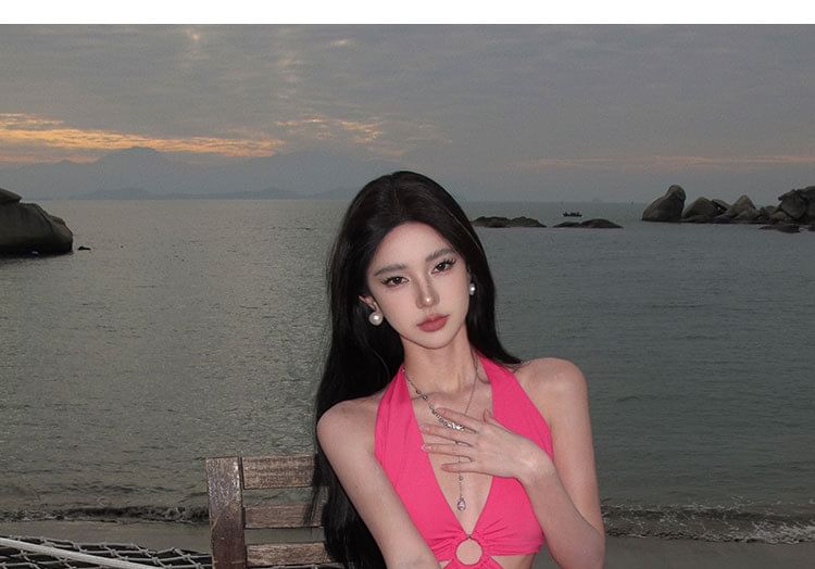 Halter Neck Cutout Plain Midi Bodycon Dress