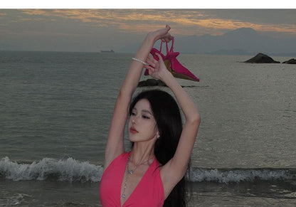 Halter Neck Cutout Plain Midi Bodycon Dress