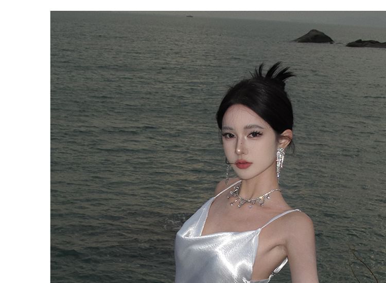 Spaghetti Strap Open Back Plain Maxi Sheath Dress