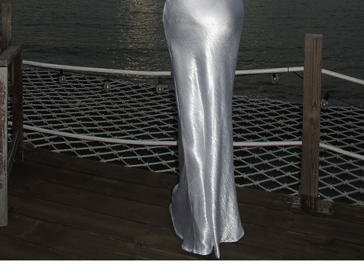 Spaghetti Strap Open Back Plain Maxi Sheath Dress