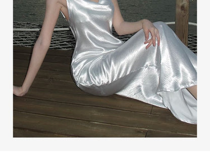 Spaghetti Strap Open Back Plain Maxi Sheath Dress