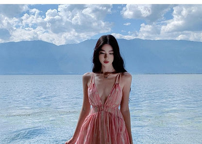 Spaghetti Strap V-Neck Floral Print Maxi A-Line Dress