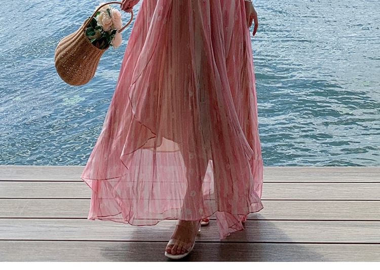 Spaghetti Strap V-Neck Floral Print Maxi A-Line Dress