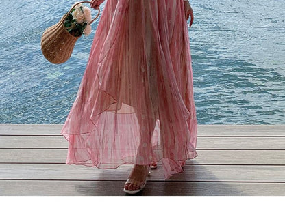 Spaghetti Strap V-Neck Floral Print Maxi A-Line Dress