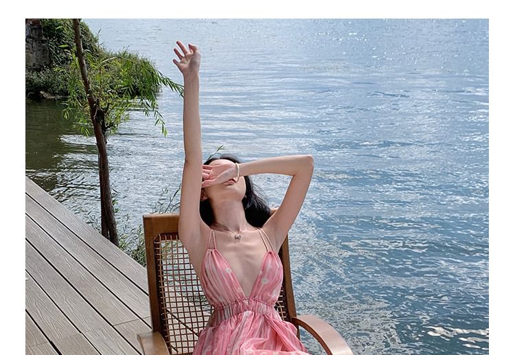 Spaghetti Strap V-Neck Floral Print Maxi A-Line Dress