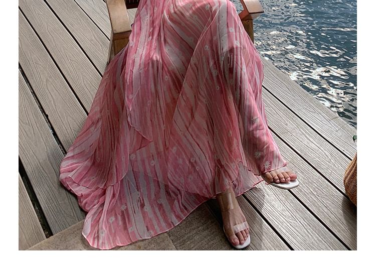 Spaghetti Strap V-Neck Floral Print Maxi A-Line Dress