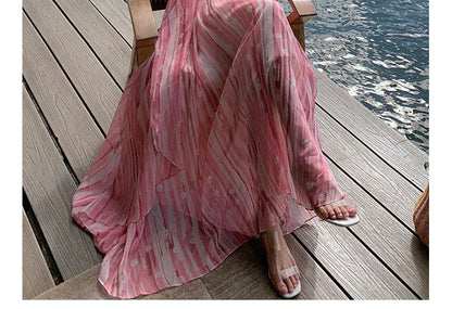 Spaghetti Strap V-Neck Floral Print Maxi A-Line Dress