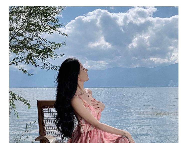 Spaghetti Strap V-Neck Floral Print Maxi A-Line Dress