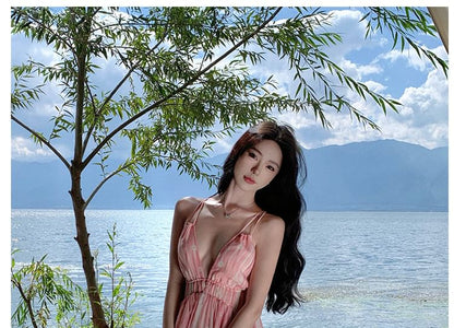 Spaghetti Strap V-Neck Floral Print Maxi A-Line Dress