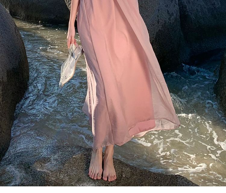 Halter Neck Open Back Plain Midi A-Line Dress