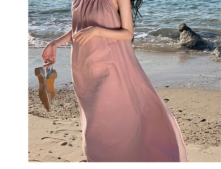 Halter Neck Open Back Plain Midi A-Line Dress