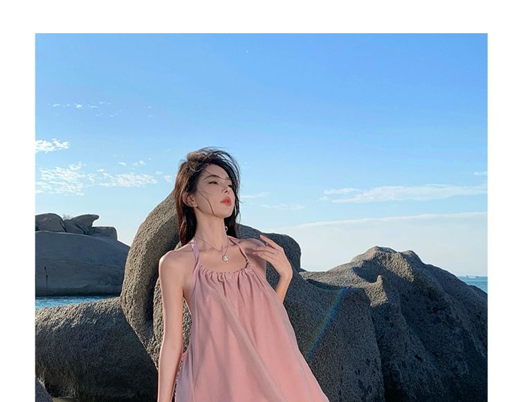 Halter Neck Open Back Plain Midi A-Line Dress