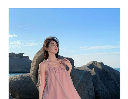 Halter Neck Open Back Plain Midi A-Line Dress