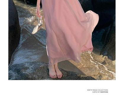 Halter Neck Open Back Plain Midi A-Line Dress