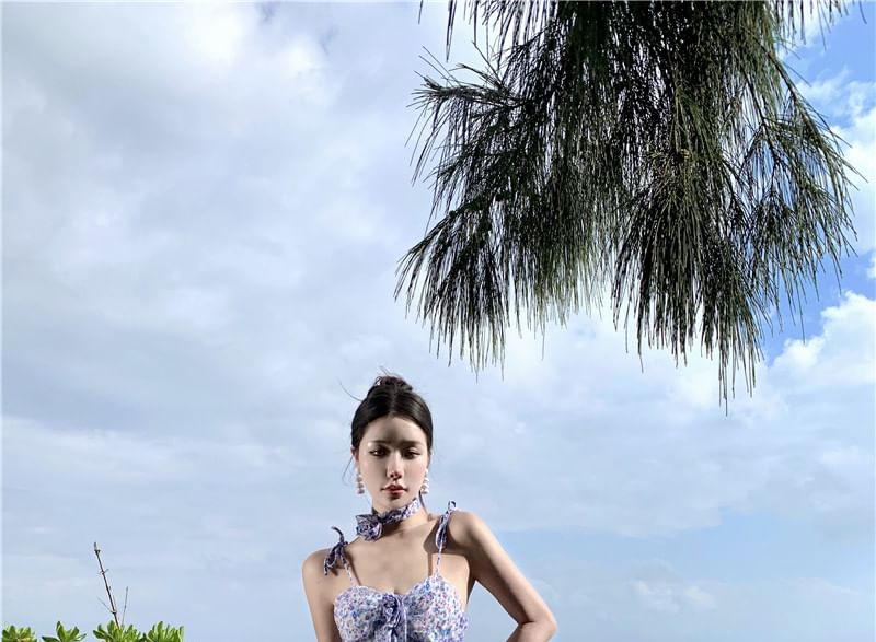 Spaghetti Strap Floral Print Midi A-Line Dress