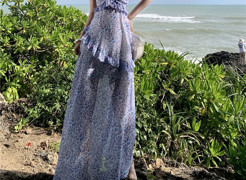 Spaghetti Strap Floral Print Midi A-Line Dress