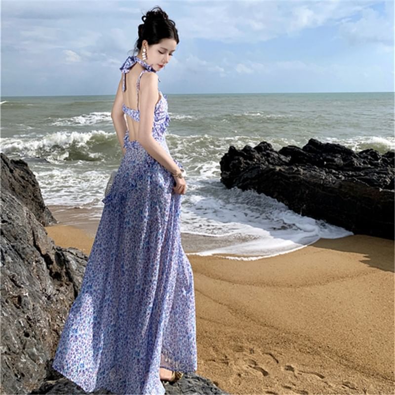 Spaghetti Strap Floral Print Midi A-Line Dress