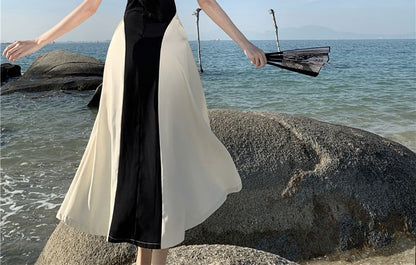 Sleeveless Crewneck Two Tone Maxi A-Line Dress