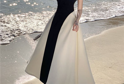 Sleeveless Crewneck Two Tone Maxi A-Line Dress