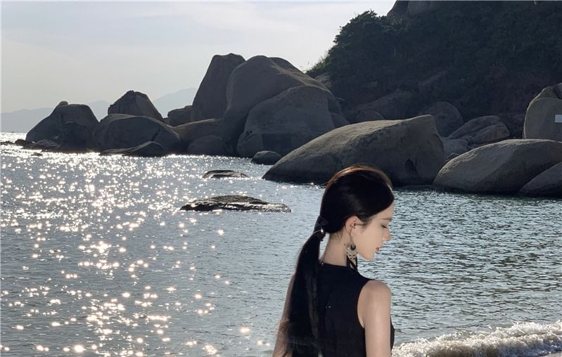 Sleeveless Crewneck Two Tone Maxi A-Line Dress