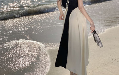 Sleeveless Crewneck Two Tone Maxi A-Line Dress