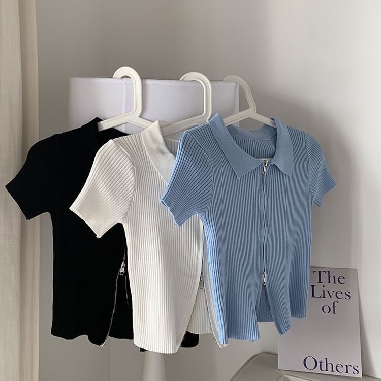 Polo Zip Knit Top Short-Sleeve Plain