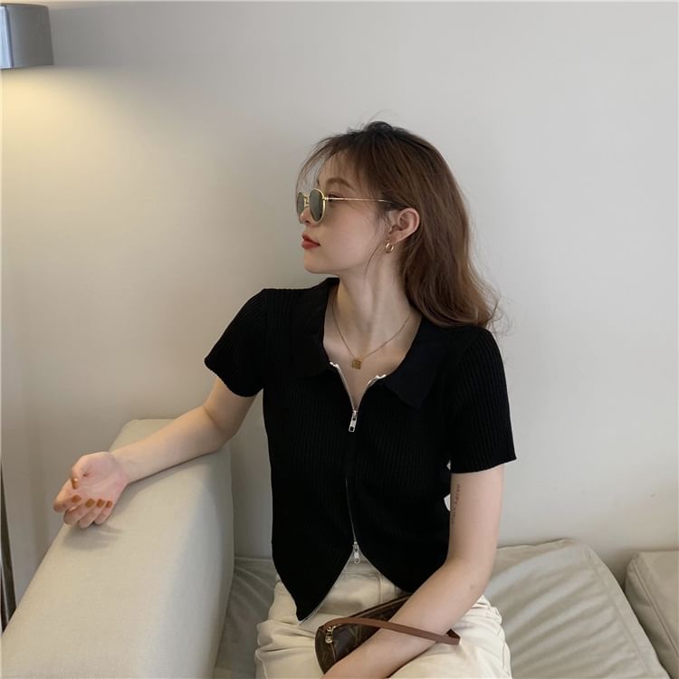 Polo Zip Knit Top Short-Sleeve Plain