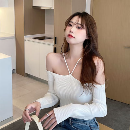 Top Long-Sleeve Cold-Shoulder Plain Knit