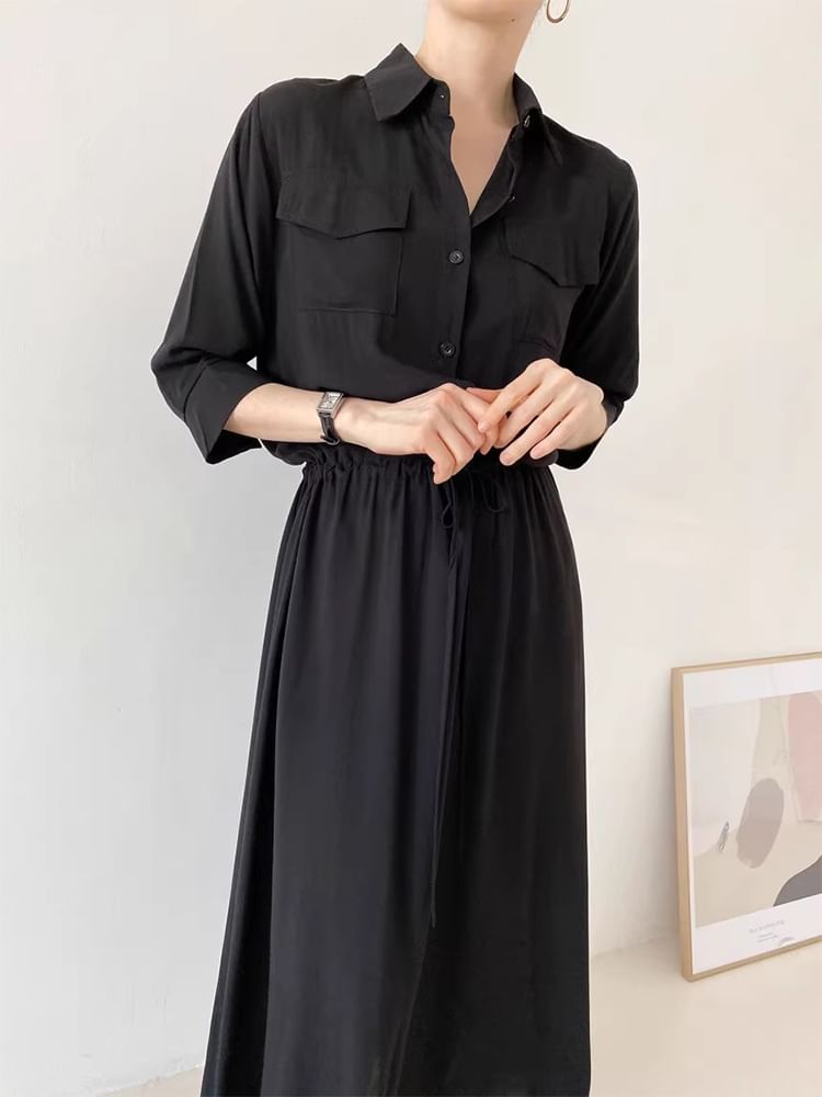 Long-Sleeve Collared Drawstring Waist A-Line Shirt Dress