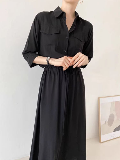 Long-Sleeve Collared Drawstring Waist A-Line Shirt Dress